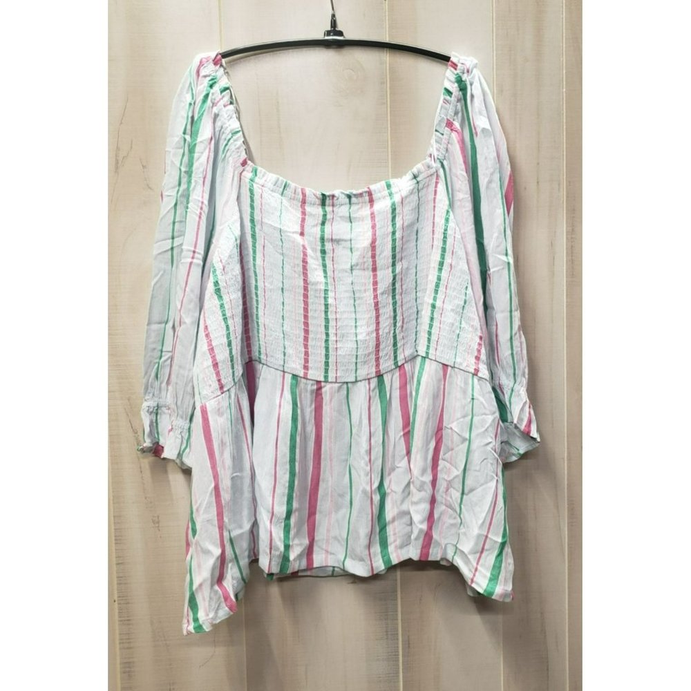 Crown & Ivy Striped Peasant Blouse, Stretchy Smocked Bodice, Plus Size 4X, Rayon